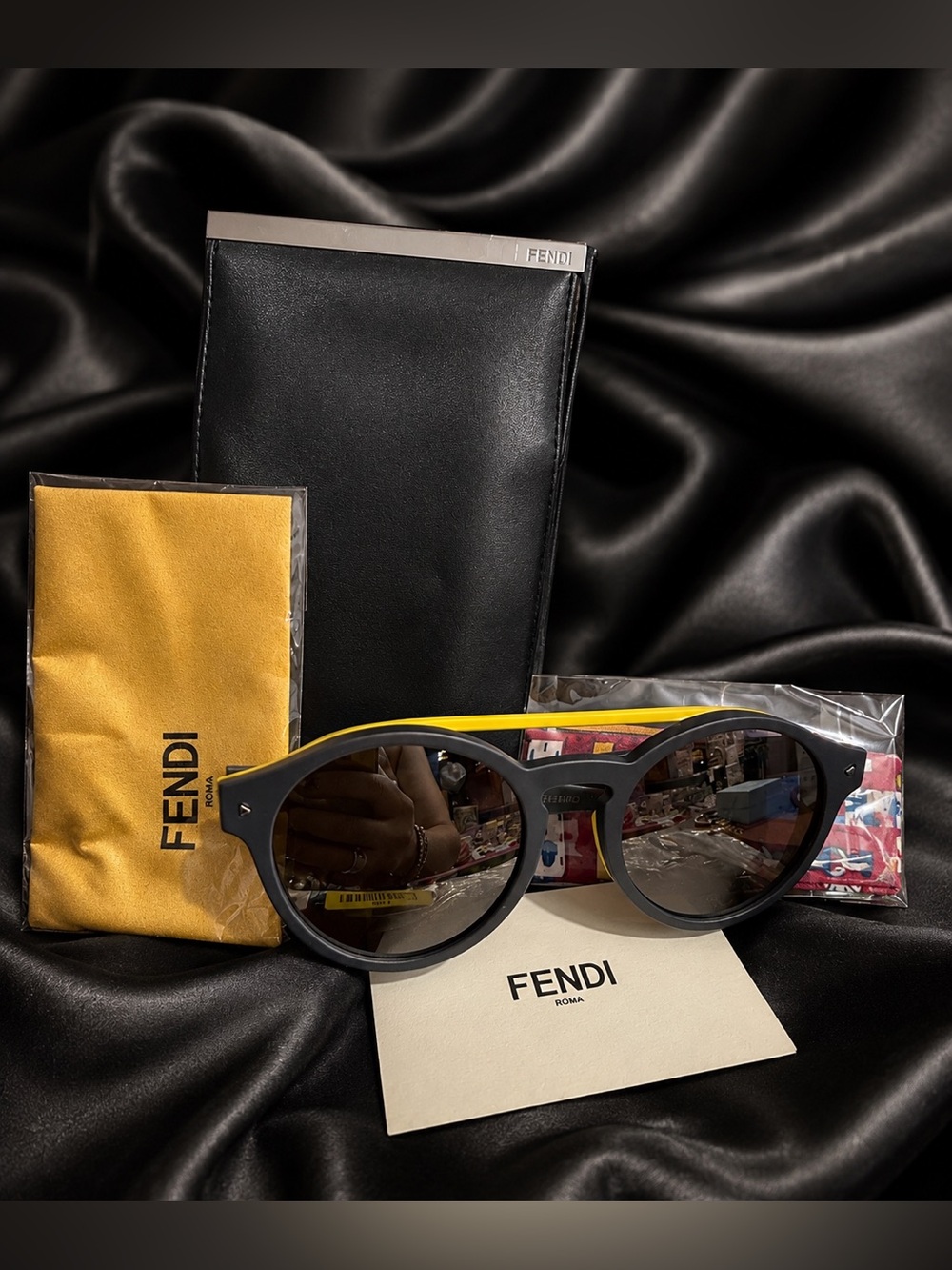 Fendi Round Sunglasses in Black with Yellow Temples AUTHENTIC